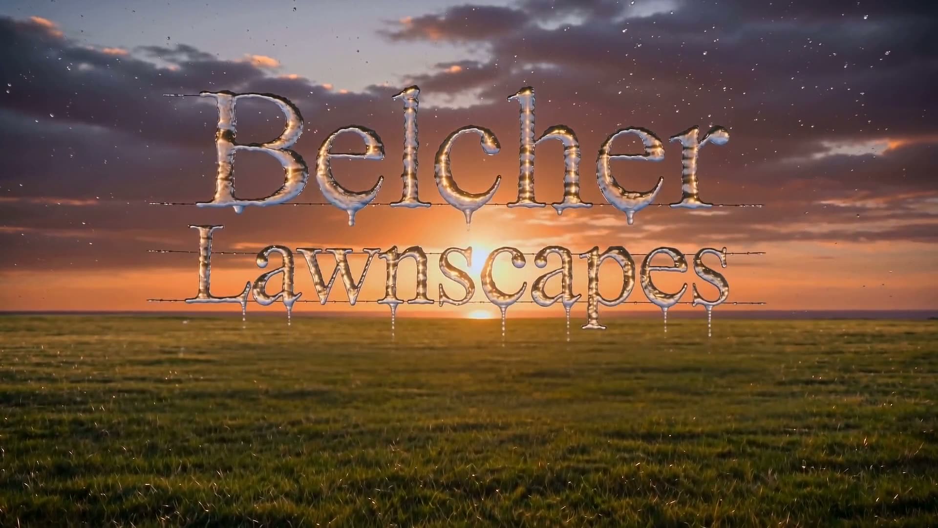 The Belcher Lawnscapes wordmark, formed from frozen water, over an Idaho lawn at sunset.